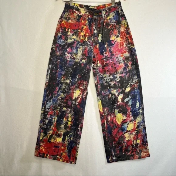 NWOT Y2K Jeans Denim Wide Leg Artistic Paint Splatter Cargo Boho Streetwear Sz S