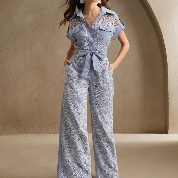 Blue Boho Women's Elegant Lace Jumpsuit