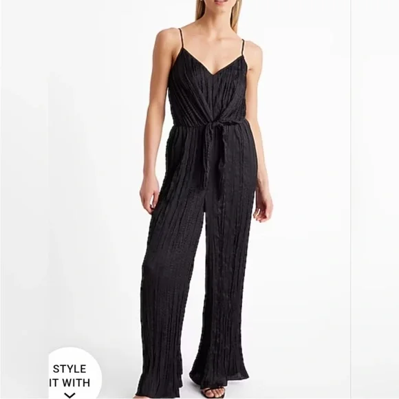Express Black Satin Like Sleeveless V Neck Wide Leg Crinkle Jumpsuit L
