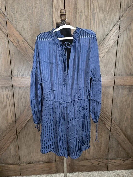 Alice + Olivia Navy Striped Silk Blend Long Sleeve Romper