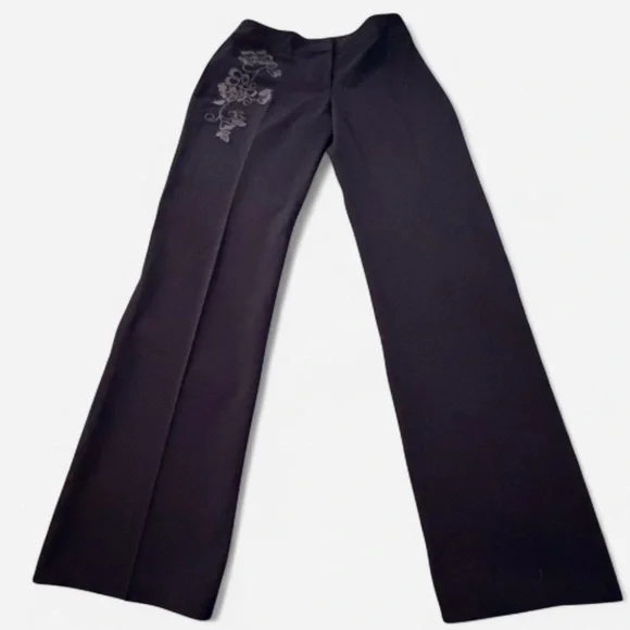 Apostrophe Black Wide-Leg Pants with Floral Embroidery, Size 4