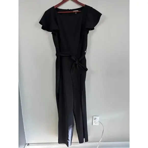 Calvin Klein Womens Flutter Sleeve Belted Jumpsuit Black Size 12 Cropped