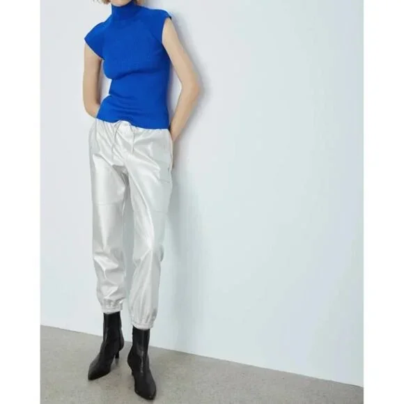Melissa Nepton Metallic Faux Leather Silver Tristan Jogger pants SMALL