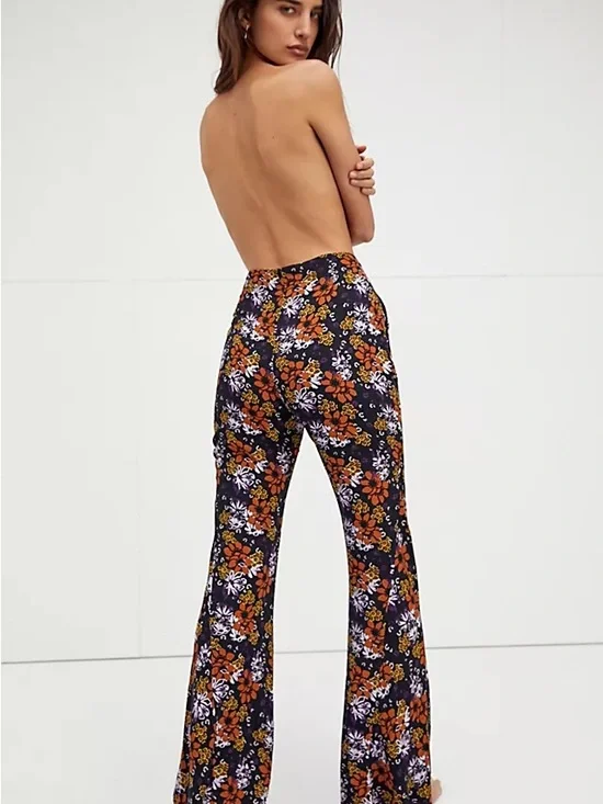 Free People Black Floral Bootcut Pants with Lilac, Orange & White Blooms