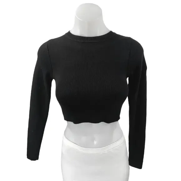 Zara Women's Black Long Sleeve Crew Neck Ribbed Knit Sweater Crop Top Size S