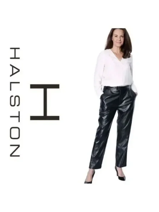 HALSTON black faux Leather Retro Style High Waisted Pleated Trouser Pants Sz M
