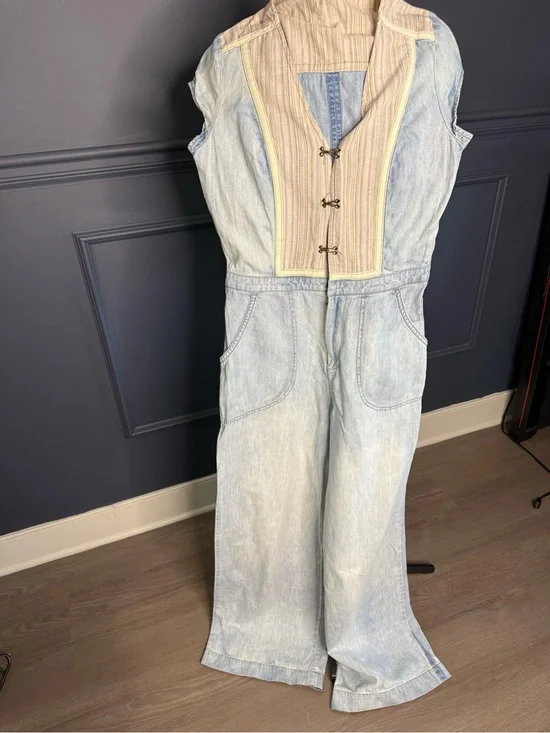 Free People Striped Cream and Light Blue Denim Overlay