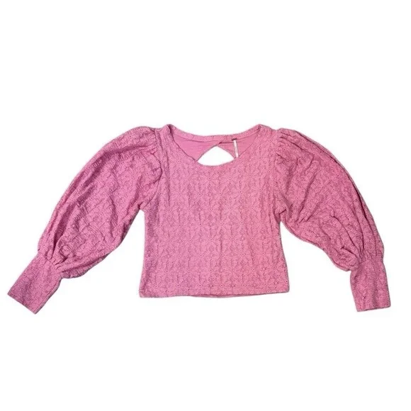 Free People‎ Tea Time Long Puff Sleeve Top Women's Size Large Plumeria Pink
