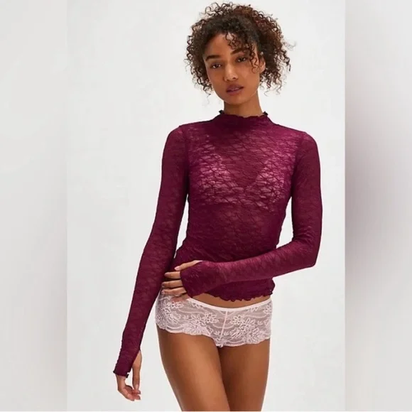 Free People From The Start Lace Textured Long Sleeve Layering Top in Burgundy