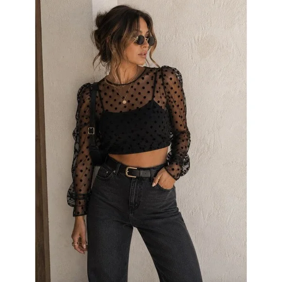 Zara Black Sheer Polka Dot Organza Puff Sleeve Crop Top Small P2P 14in
