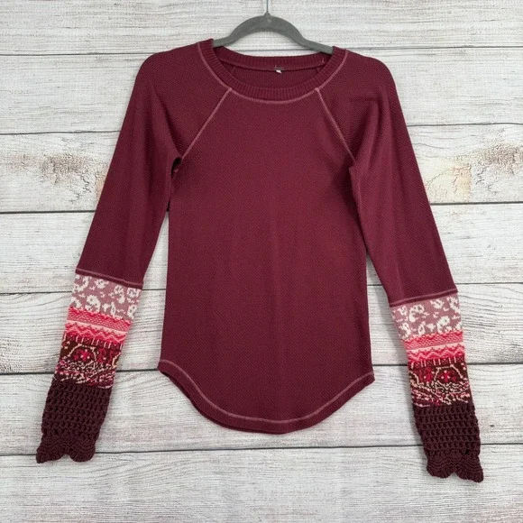 Free People Thermal Top Women S Burgundy Mixed Media Crochet Cuff Waffle Knit