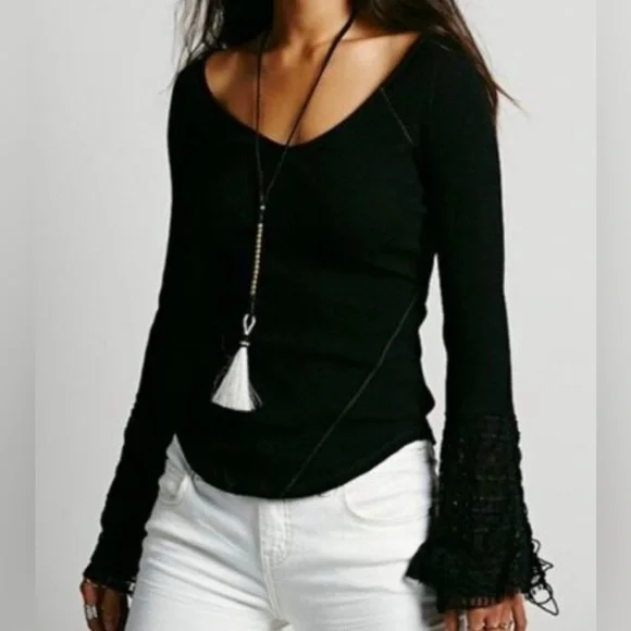 Free People Juliet Lace Up Bell Sleeve Cuff Thermal Top, size S