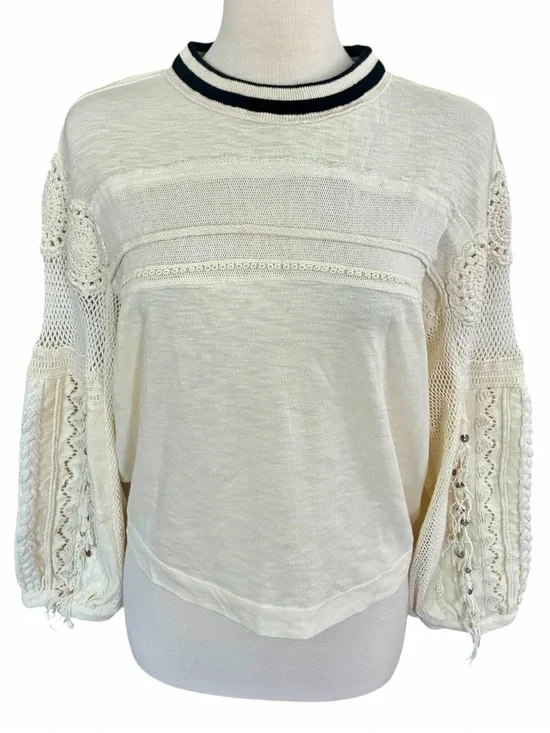 Free People Ivory Marakesh Embellished Top Crochet Long Sleeve Women's XS