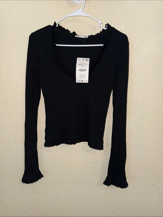 ZARA Black Ribbed Ruffle Trim V Neck Long Sleeve Top M NWT Cottagecore