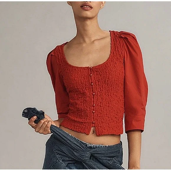 Anthropologie Red Textured Smocked Puff Sleeve Button Front Crop Top | Large