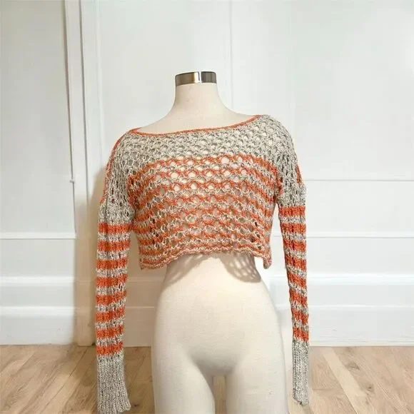 Free People Crochet Crop Top Blouse Small Mesh Bell Sleeve Woven Knit