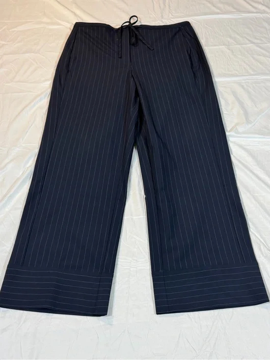 Mango MNG Pinstripe Wide Leg Pants XL NWT Drawstring Elastic Waist Navy Blue