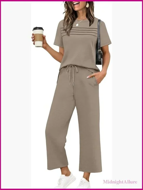 Two Piece Lounge Set Short Sleeve Wide Leg Pants Travel Outfits S-3XL