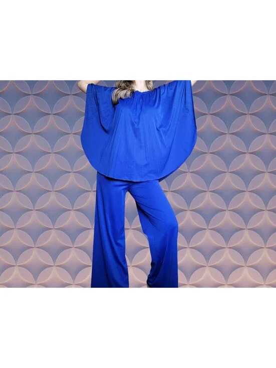 Vintage 70's Disco Bat Wing Blouse Blue 2 Pc Set Top Pants Accordian Pleat M L