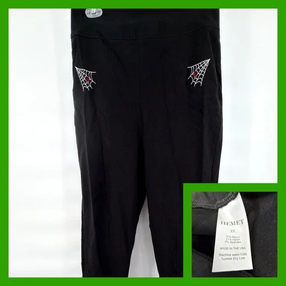Hemet Spiderweb Embroidered Trousers 2X Black Rockabilly Pinup Goth‎ High Waist