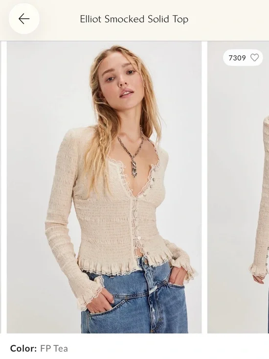 Free People Elliot Smocked V-Neck Top in FP Tea (Cream)