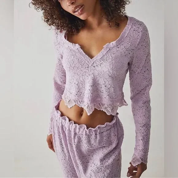 NWOT Free People Intimately Cloud Ride Lace Lounge Crop Top Brushed Lilac Sz M