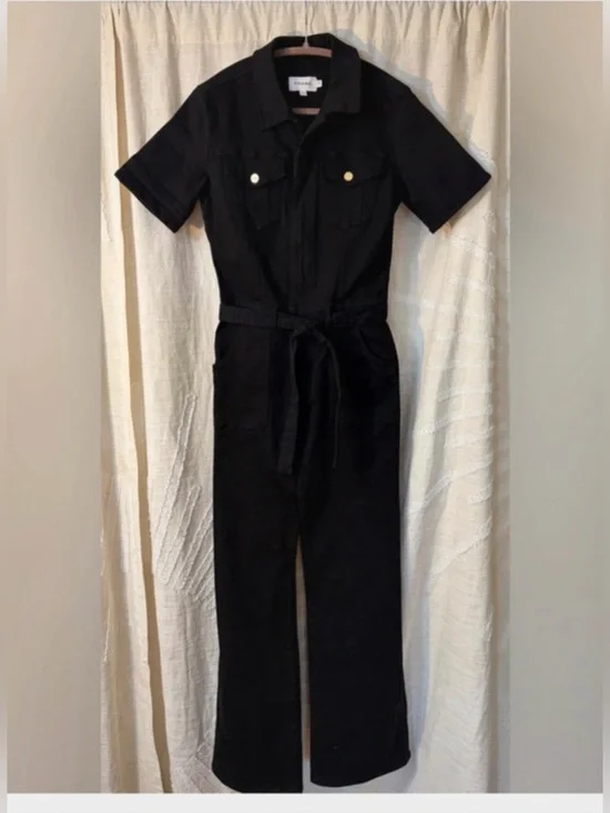 Frame Premium Black Denim Short-Sleeve Utility Edgy Jumpsuit Sz S EUC