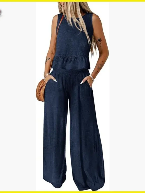 Sleeveless Tank Top Wide Leg Pants Set Elastic Waist Two Piece Outfit