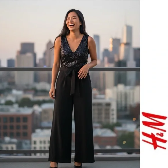 H&M‎ Black Sequin V-Neck Jumpsuit, Size 0, MSRP $69