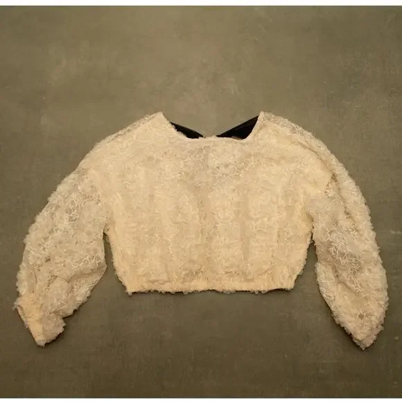 Zara Cream Tulle‎ Floral Lace Crop Blouse with Black Back Bow Coquette Twee