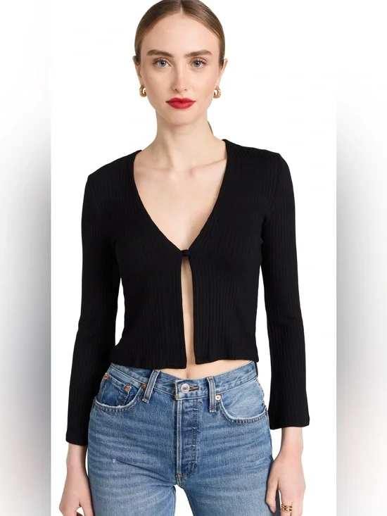 Reformation Black Ribbed V-Neck Cropped Cardigan