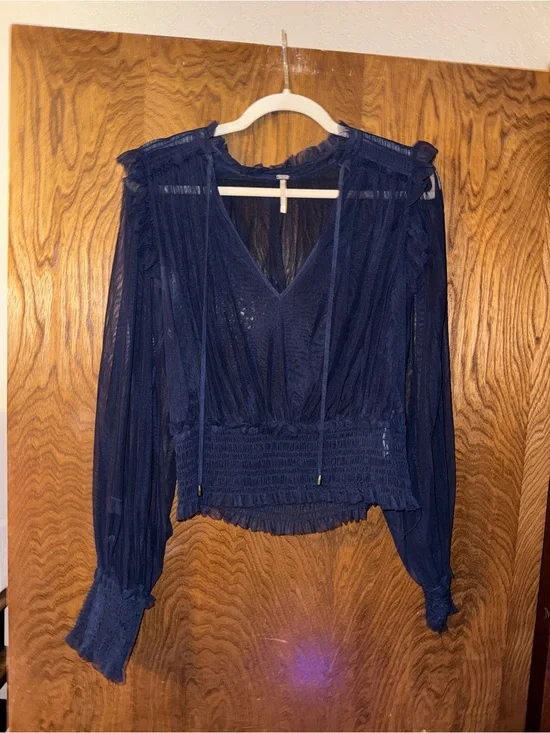 Free People Navy Sheer V-Neck Cropped Blouse