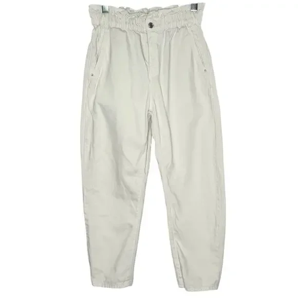 Zara Baggy Paper Bag High Waist Trouser Jeans 6 Ecru Ivory