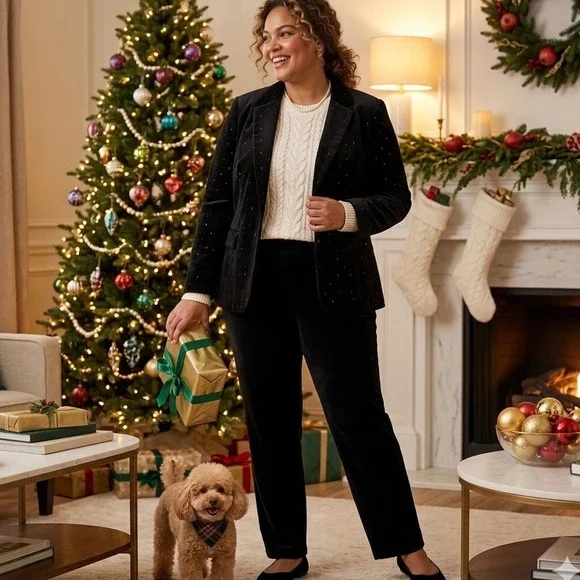 Talbots Plus Women 2X Black Velour Knit Straight Leg Elastic Waist Pants Holiday