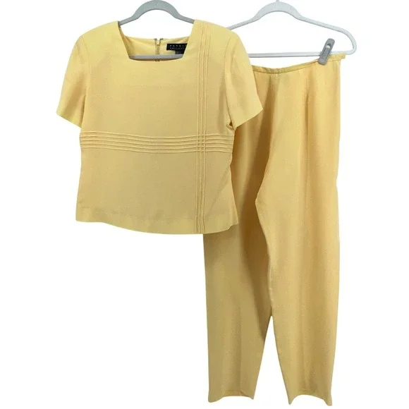 Patrick Collection Silk Pant Set Women 10 Butter Yellow‎ Square Neck Vintage Mod
