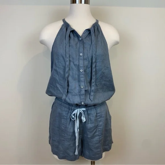 Lou & Grey Loft NWT Linen Dusty Gray Romper Sz S‎ Tie Neck Racerback Pockets