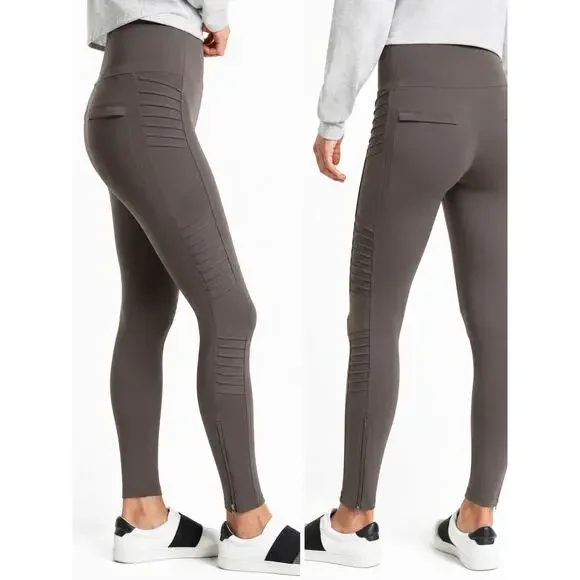 Athleta Delancey Moto Leggings Taupe Zip Pocket Size Small