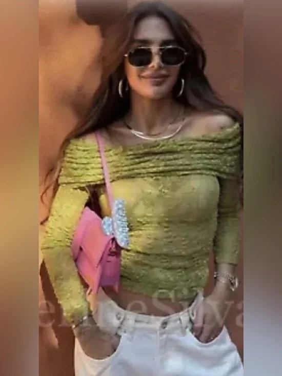 Zara Lace Top With Open Shoulders Translucent Square Neckline Pistachio Green