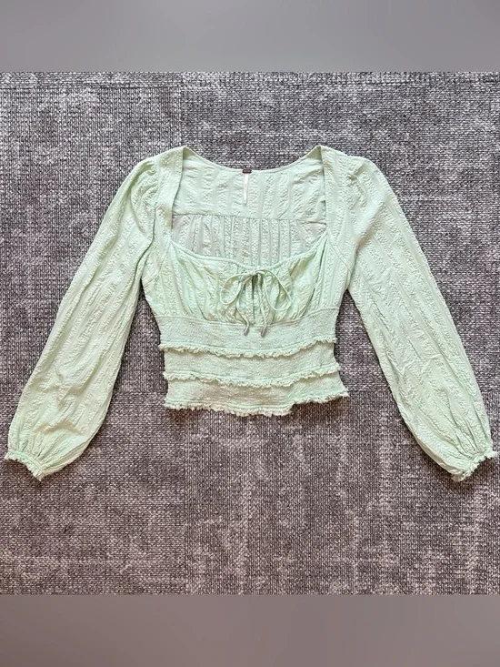 Free People Pastel Mint Smocked Tie-Front Crop Top