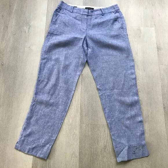 TALBOTS BLUE LINEN PANT ANKLE CROP FLAT FRONT WOMENS 4