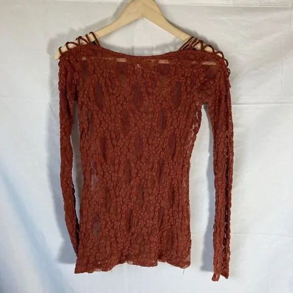 Intimately Free People Burnt Orange Lace Top Lattice Tie Sleeves Sz XS‎