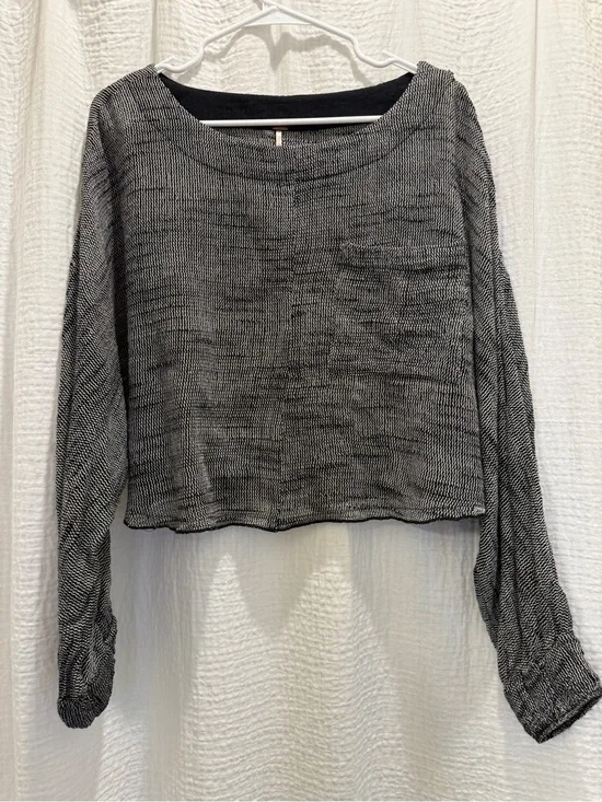 Free People Black White Marled Knit Cropped Pocket Sweater - Size S