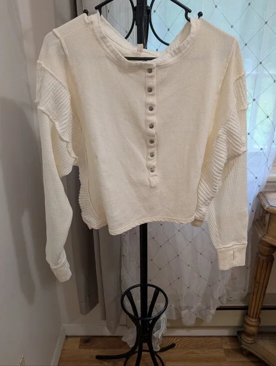 Free People Cream Waffle Henley Long Sleeve Top Size XS