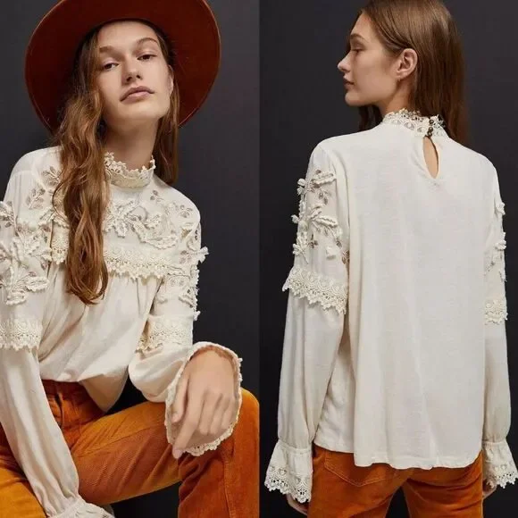 Anthropologie Jemma Cream Crochet Lace Romantic Blouse Size M NEW