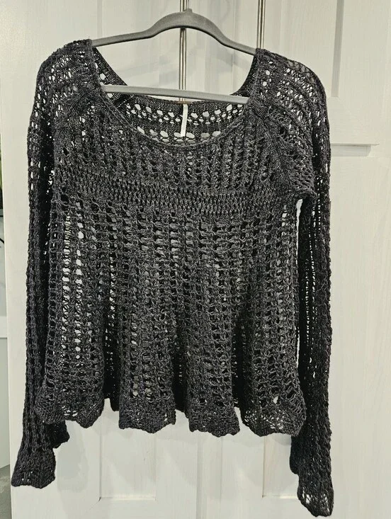 Free People Black Open Knit Crochet Bell Sleeve Sweater Boho Festival Beach