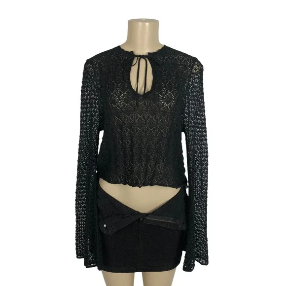 Zara Crochet Lace Knit Tie Front Bell Sleeve Crop Top Medium Witchy Whimsigoth
