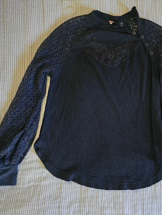 Free People High Neck Embroidered Open Knit Balloon Sleeve Blouse Black Size XS