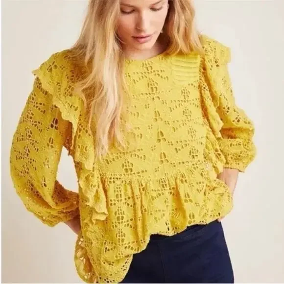 Anthropologie Yellow Clementine Blouse Eyelet Ruffle Puff Sleeve Top Shirt Sz 0