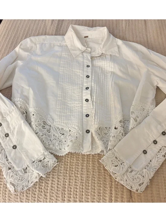 Free People Lace Trim Button Down Top