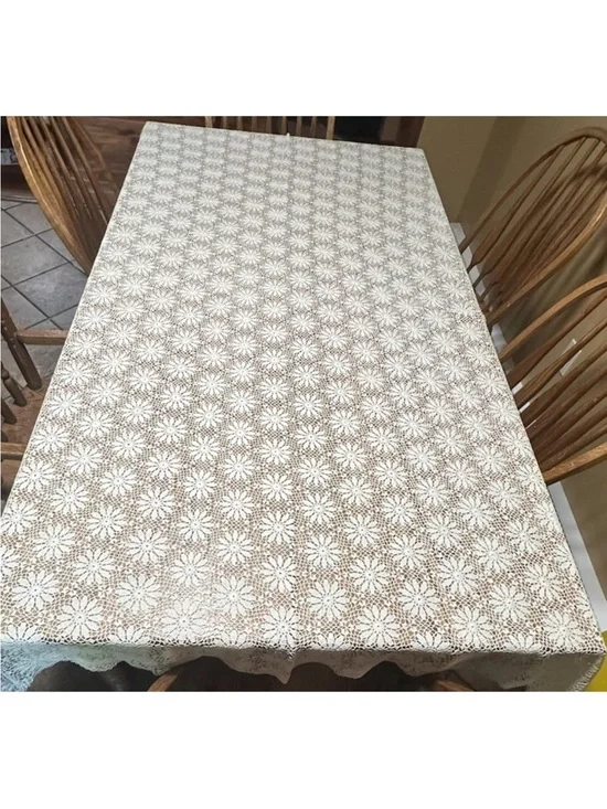 Large Handmade Cotton Crocheted Tablecloth  Floral Motif 72x80 Scalloped Edges